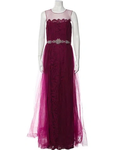 Pre-owned Teri Jon Lace Pattern Long Dress In Burgundy