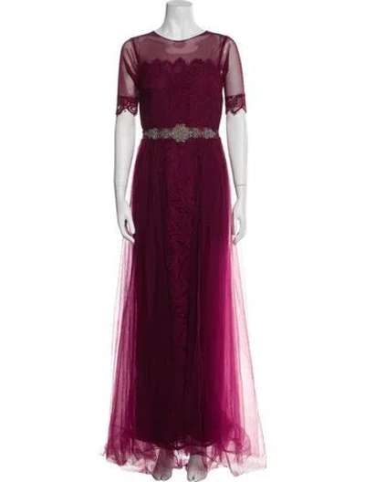 Pre-owned Teri Jon Lace Pattern Long Dress In Burgundy