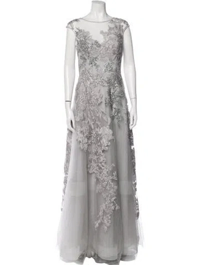 Pre-owned Teri Jon Lace Pattern Long Dress In Grey