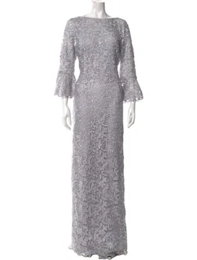 Pre-owned Teri Jon Lace Pattern Long Dress In Grey