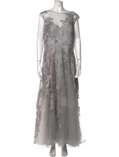 Pre-owned Teri Jon Lace Pattern Long Dress In Grey
