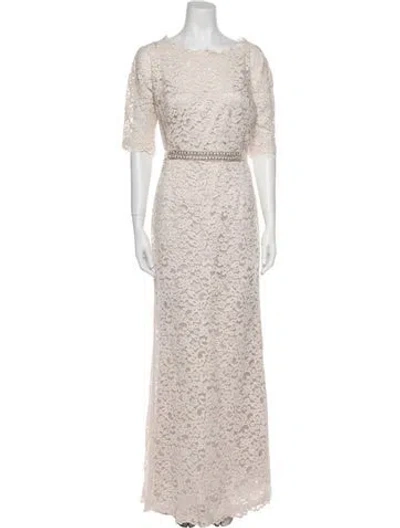 Pre-owned Teri Jon Lace Pattern Long Dress In Neutral