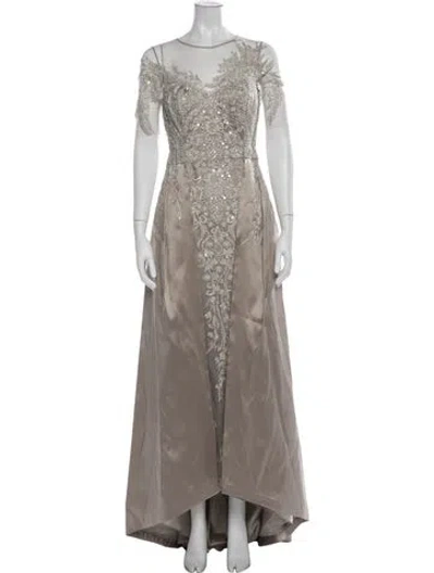 Pre-owned Teri Jon Lace Pattern Long Dress In Neutrals