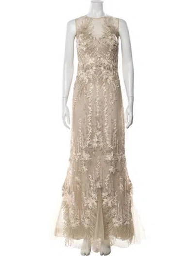 Pre-owned Teri Jon Lace Pattern Long Dress In Neutrals