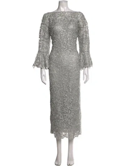 Pre-owned Teri Jon Lace Pattern Long Dress In Silver