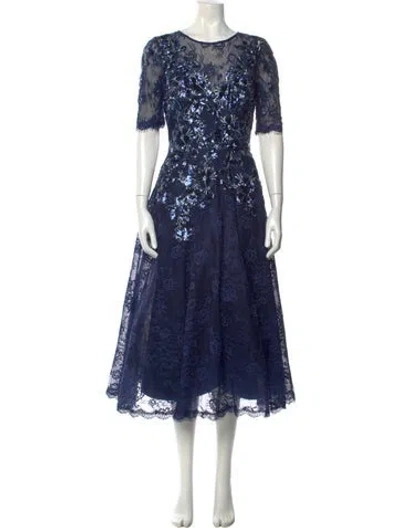 Pre-owned Teri Jon Lace Pattern Midi Length Dress In Blue