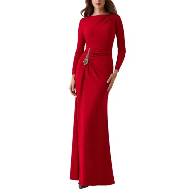 Teri Jon Long Sleeve Ruched Gown In Red