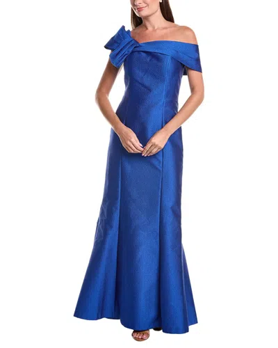 Teri Jon Metallic Jacquard Asymmetrical Neck Bow Shoulder In Blue