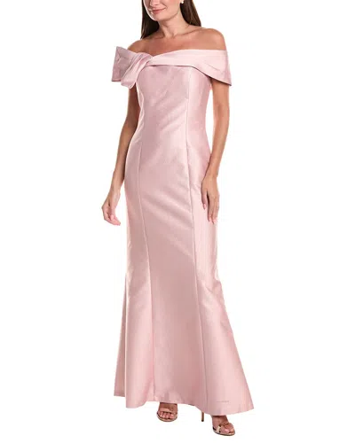 Teri Jon Metallic Jacquard Asymmetrical Neck Bow Shoulder In Pink