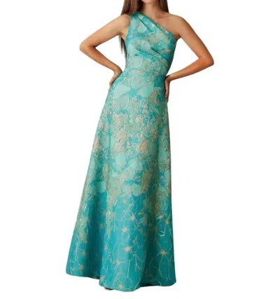 Teri Jon Metallic Jacquard Floral One Shoulder Gown In Multicolor In Green