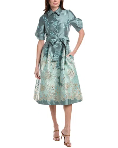 Teri Jon Metallic Jacquard Flower Border Print Puff Sleeve In Green