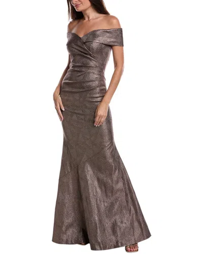 Teri Jon Metallic Jacquard Portrait Side Drape Gow In Brown