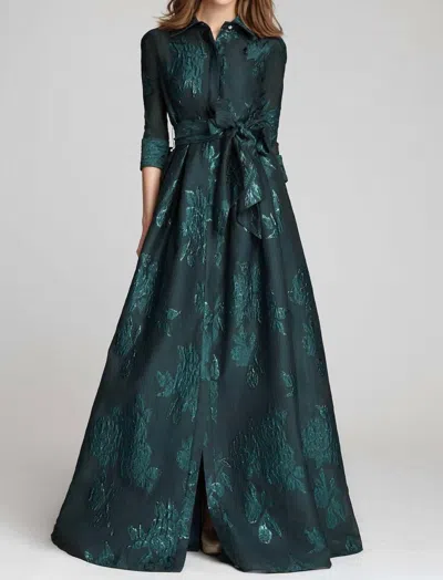 Teri Jon Metallic Jacquard Shirtdress Gown With Floral Print In Emerald In Green