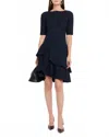 Teri Jon Metallic Jacquard Short Sleeve Double Ruffle Dress In Navy In Blue