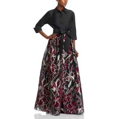 Teri Jon Metallic Taffeta Floral Dress Gown In Black