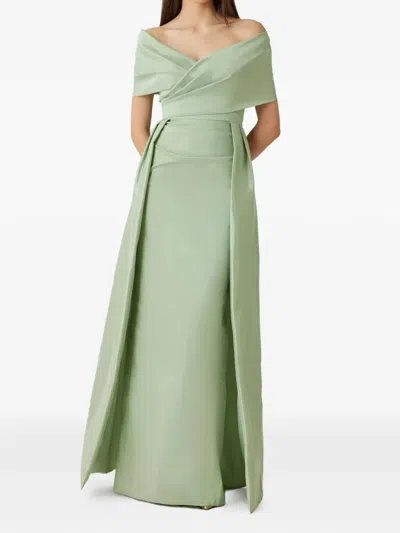 Teri Jon Off-shoulder Overlay Maxi Gown In Green