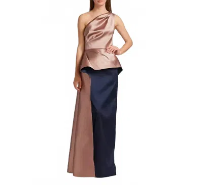 Teri Jon One Shoulder Two Tone Gazar Peplum Gown In Mauve/navy In Blue