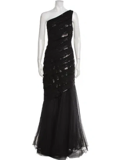Pre-owned Teri Jon One-shoulder Long Dress In Black