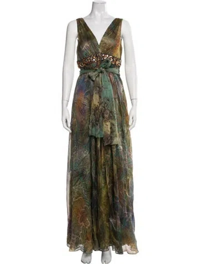 Pre-owned Teri Jon Paisley Print Long Dress In Green