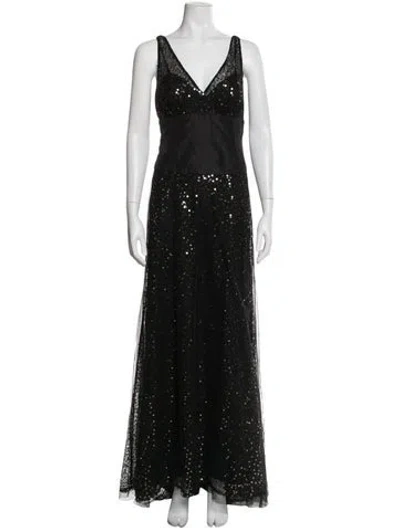 Pre-owned Teri Jon Patterned Long Dress In Black