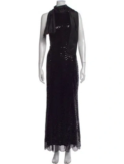 Pre-owned Teri Jon Patterned Long Dress In Black