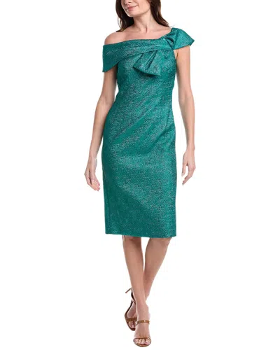 Teri Jon Pebble Jacquard Asymmetrical Bow Shoulder Dress In Green