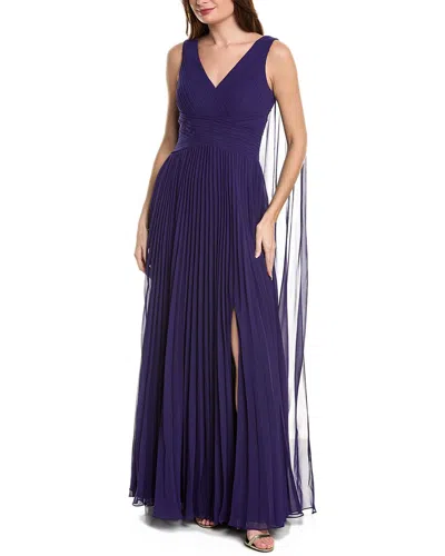 Teri Jon By Rickie Freeman Pleated Chiffon Cape Gown In Purple