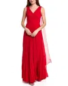 Teri Jon Pleated Chiffon Cape Gown In Red