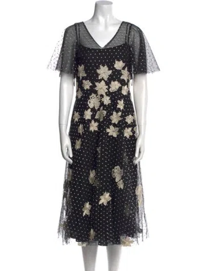 Pre-owned Teri Jon Polka Dot Print Midi Length Dress In Black