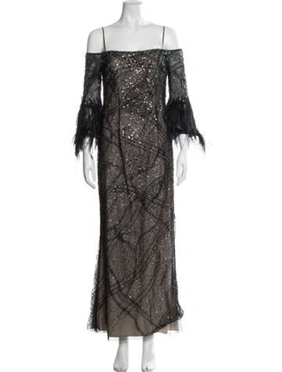 Pre-owned Teri Jon Printed Long Dress In Black