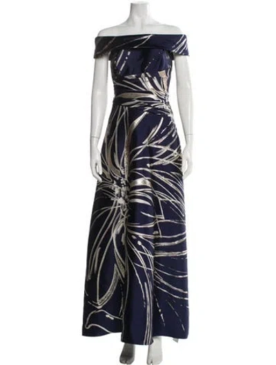 Pre-owned Teri Jon Printed Long Dress In Blue