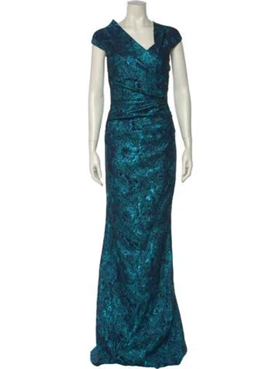 Pre-owned Teri Jon Printed Long Dress In Blue