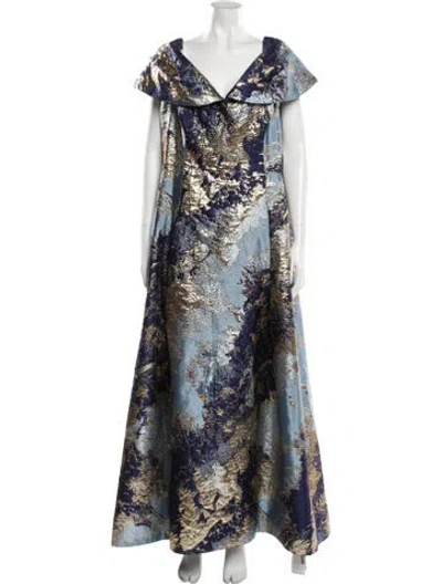 Pre-owned Teri Jon Printed Long Dress In Blue