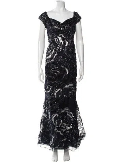 Pre-owned Teri Jon Printed Long Dress In Blue