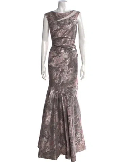 Pre-owned Teri Jon Printed Long Dress In Grey/pink