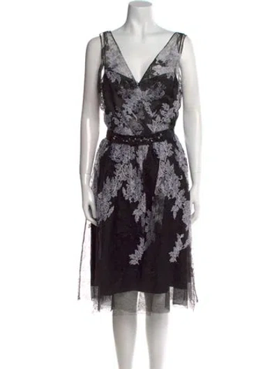 Pre-owned Teri Jon Printed Midi Length Dress In Black
