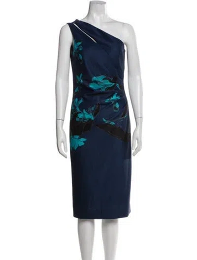 Pre-owned Teri Jon Printed Midi Length Dress In Blue