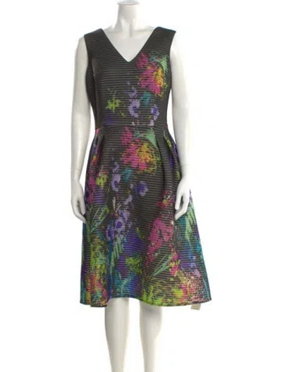 Pre-owned Teri Jon Printed Midi Length Dress In Green