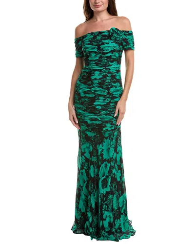 Teri Jon Printed Silk Maxi Dress In Green