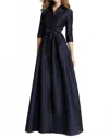 Teri Jon Shirt Waist Taffeta Chevron Pattern Eyelet Gown In Navy In Blue