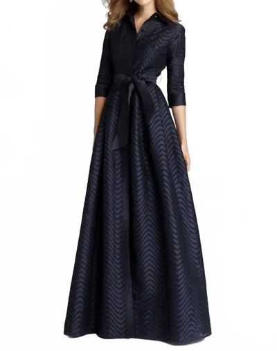 Teri Jon Shirt Waist Taffeta Chevron Pattern Eyelet Gown In Navy In Blue