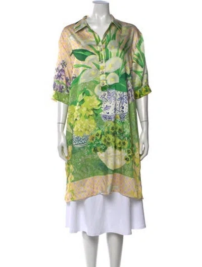 Pre-owned Teri Jon Silk Floral Print Blouse In Green