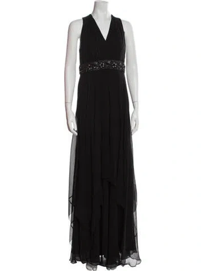 Pre-owned Teri Jon Silk Long Dress In Black