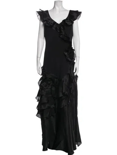 Pre-owned Teri Jon Silk Long Dress In Black