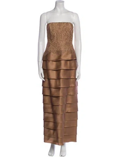 Pre-owned Teri Jon Silk Long Dress In Brown