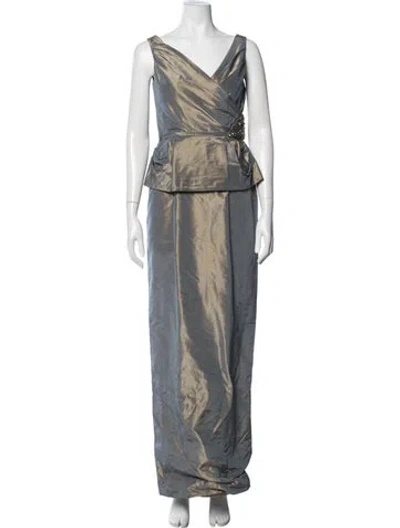 Pre-owned Teri Jon Silk Long Dress In Gray