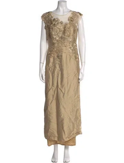Pre-owned Teri Jon Silk Long Dress In Neutral