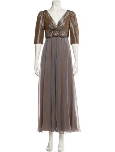 Pre-owned Teri Jon Silk Long Dress In Silver