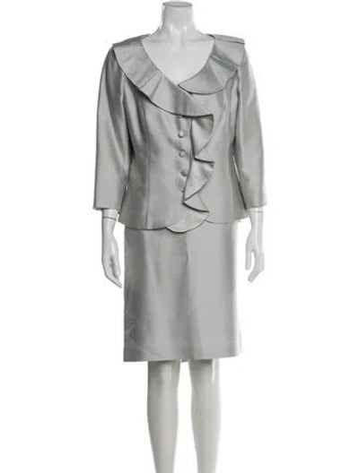 Pre-owned Teri Jon Silk Ruffle Embellishment Skirt Suit In Gray
