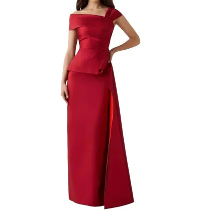 Teri Jon Stretch Gazar Ruched Peplum Gown In Red